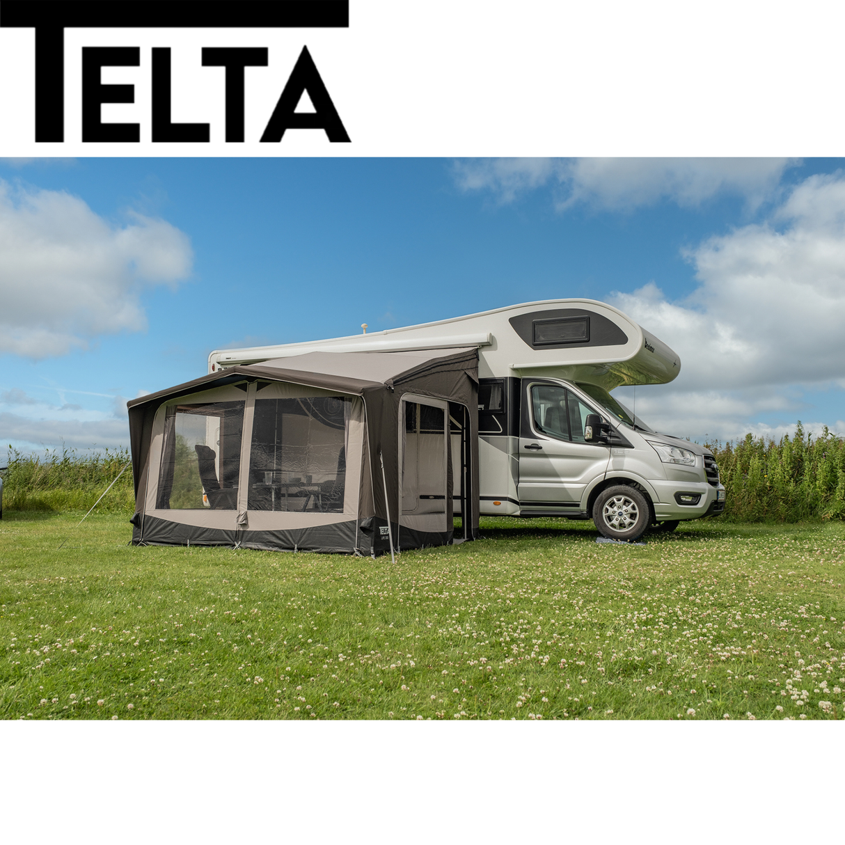 Telta Life 330 Air Awning set up, showcasing its spacious design and air beam structure in a camping environment.