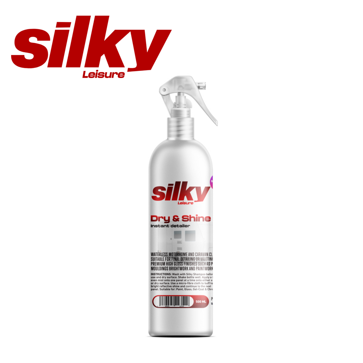 Silky Dry & Shine vehicle cleaner in a spray bottle, showcasing a glossy finish on a clean car surface.