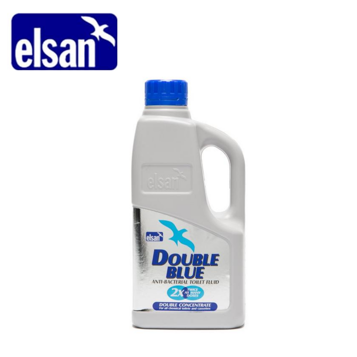 Elsan Double Blue 1L toilet fluid bottle with blue liquid, designed for effective toilet sanitation and maintenance.