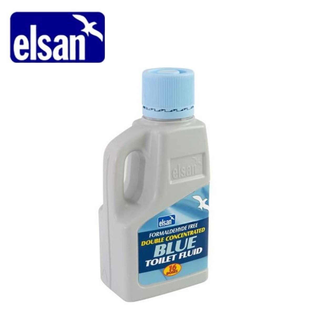 Elsan Blue 1L toilet fluid bottle, double concentrated and formaldehyde free, with a blue label and clear liquid inside.