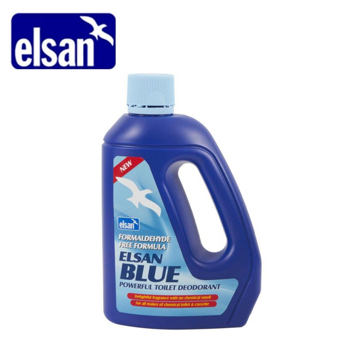 Elsan Blue 2L formaldehyde-free toilet fluid bottle with a blue label and secure cap, displayed on a white background.