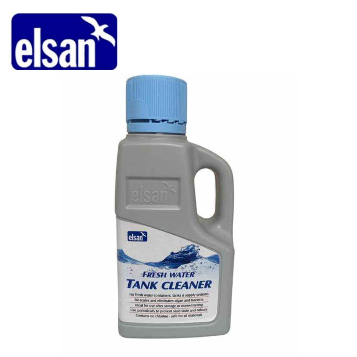 Elsan Fresh Water Tank Cleaner bottle for toilet fluid, showcasing its label and compact design against a neutral background.