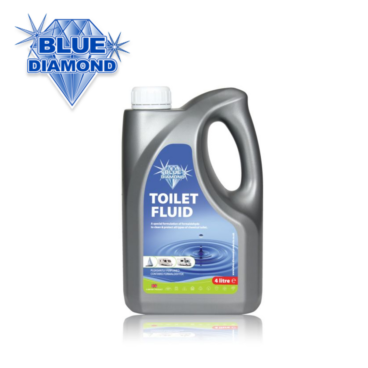 Blue Diamond Blue Toilet Fluid 4L bottle with label, designed for toilet cleaning and freshening in a commercial restroom setting.