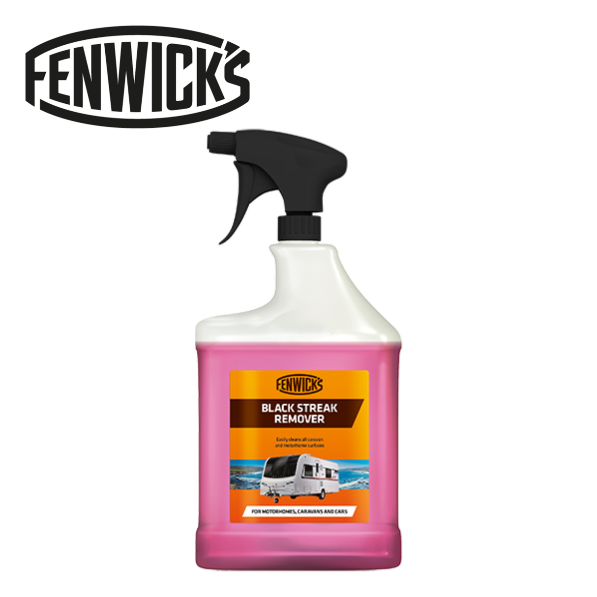 Fenwicks Black Streak Remover bottle with label, designed for effective vehicle cleaning and stain removal.