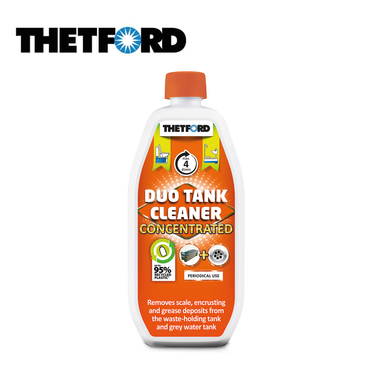 Thetford Duo Tank Cleaner bottle with label on a clean surface, showcasing its design and purpose for tank cleaning.