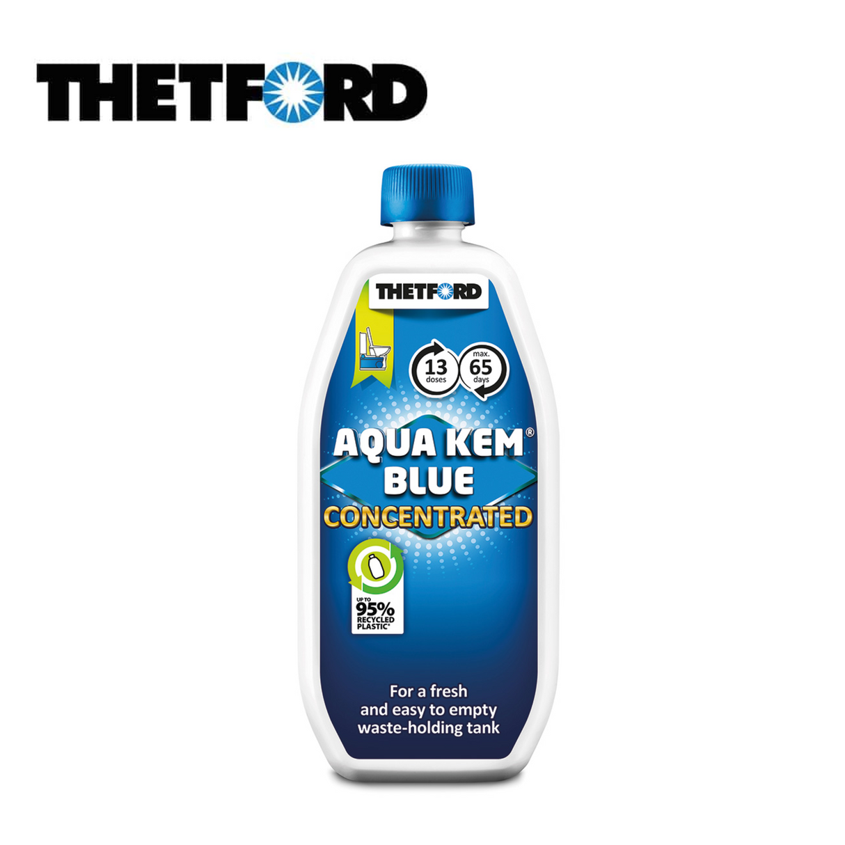 Thetford Aqua Kem Blue Concentrated toilet fluid bottle with a blue liquid inside and a clear label.