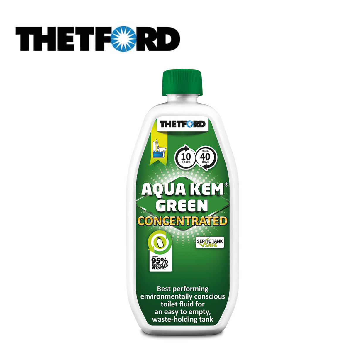 Thetford Aqua Kem Green Concentrated toilet fluid in a bottle, featuring a green label and easy-pour spout.