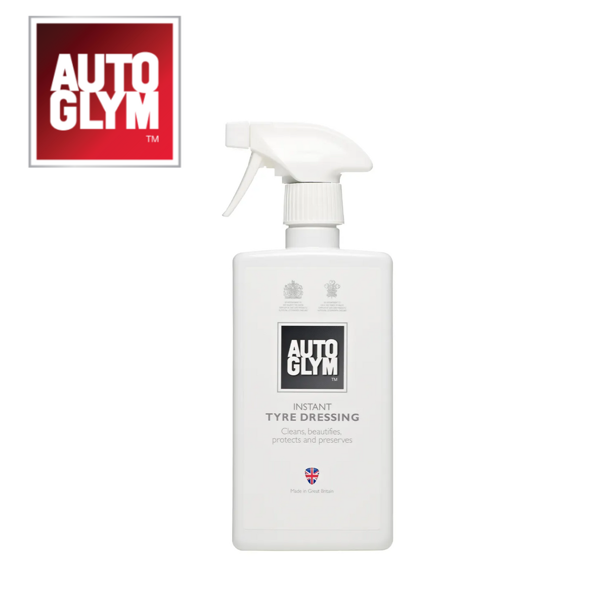 Autoglym Instant Tyre Dressing bottle with a sleek design, showcasing the product for vehicle tire care and cleaning.