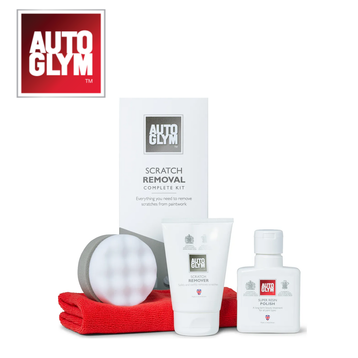 Autoglym Scratch Removal Complete Kit with tools and instructions for effective vehicle cleaner scratch repair.