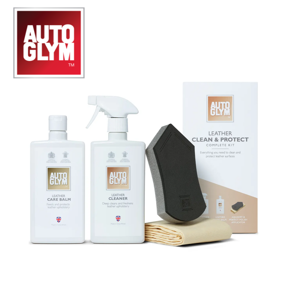 Autoglym Leather Clean & Protect Complete Kit for vehicle care, showcasing cleaning solution and applicator tools.