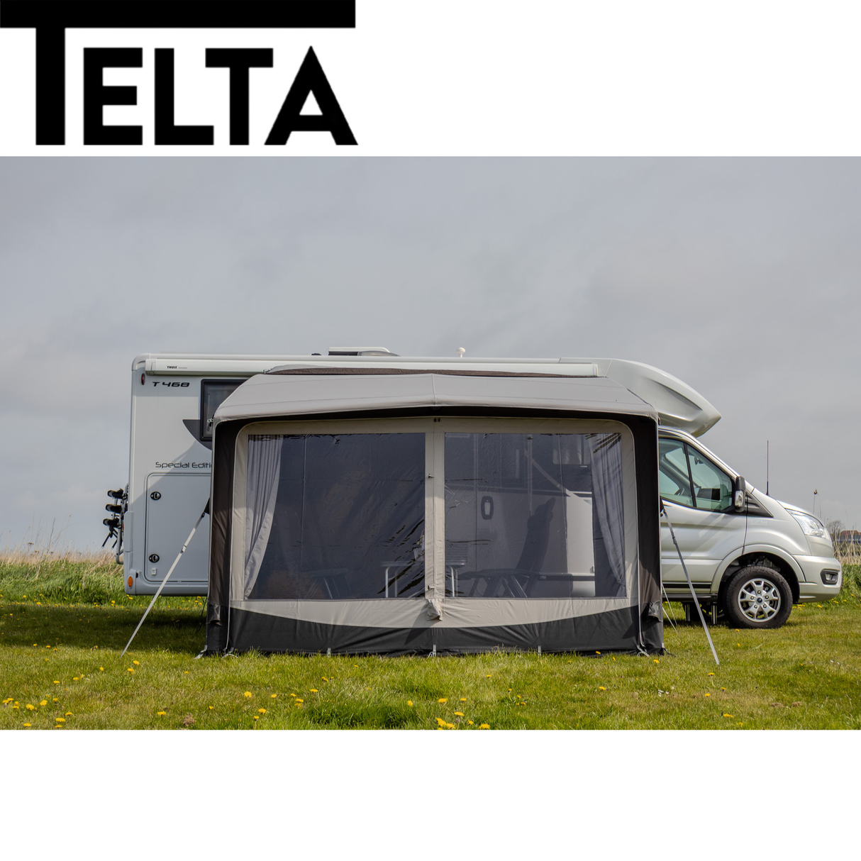 Telta Core 390 Air Awning features a spacious design with inflated beams and a sleek, modern appearance for outdoor use.