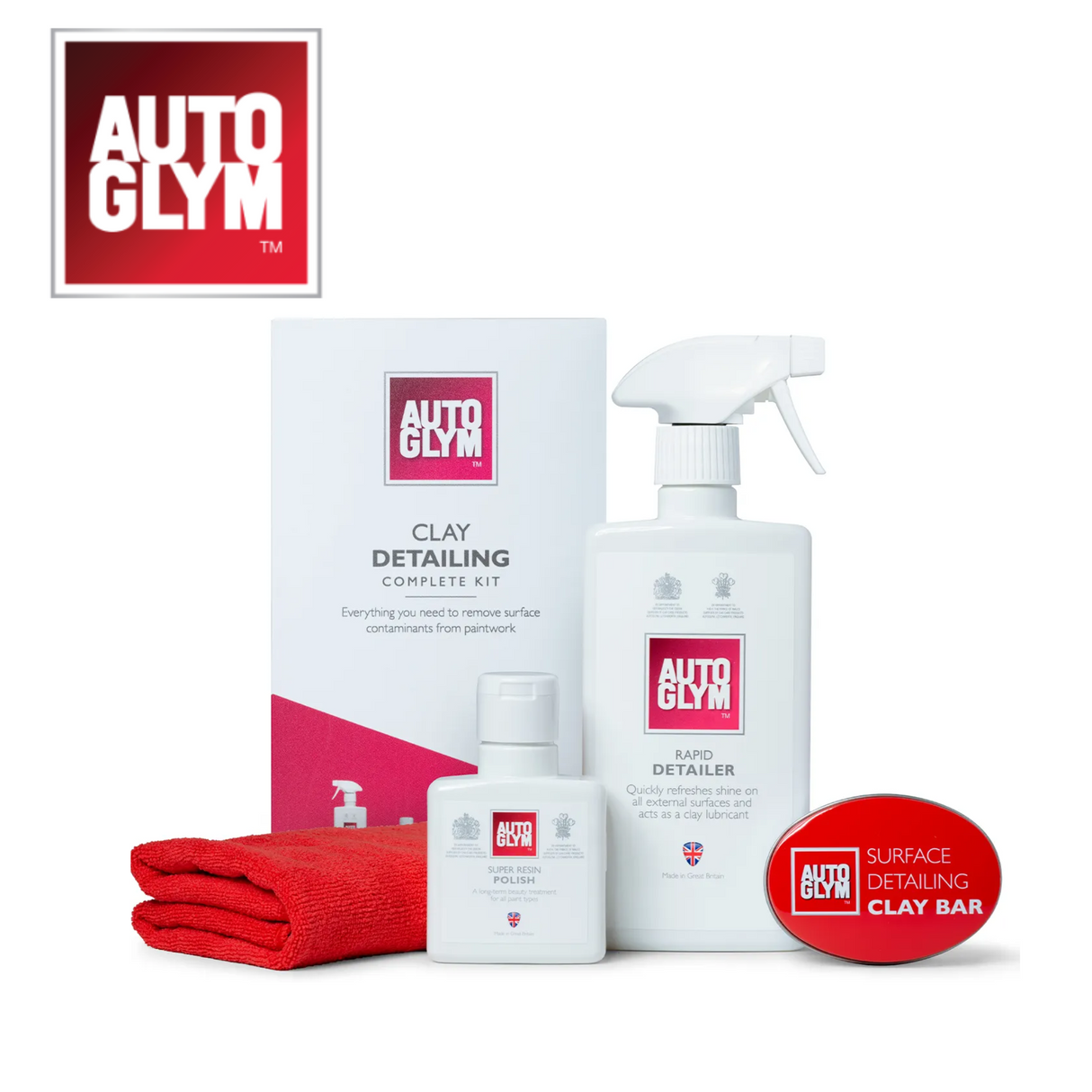 Autoglym Clay Detailing Complete Kit for vehicles, showcasing clay bars, lubricant, and cleaning supplies.