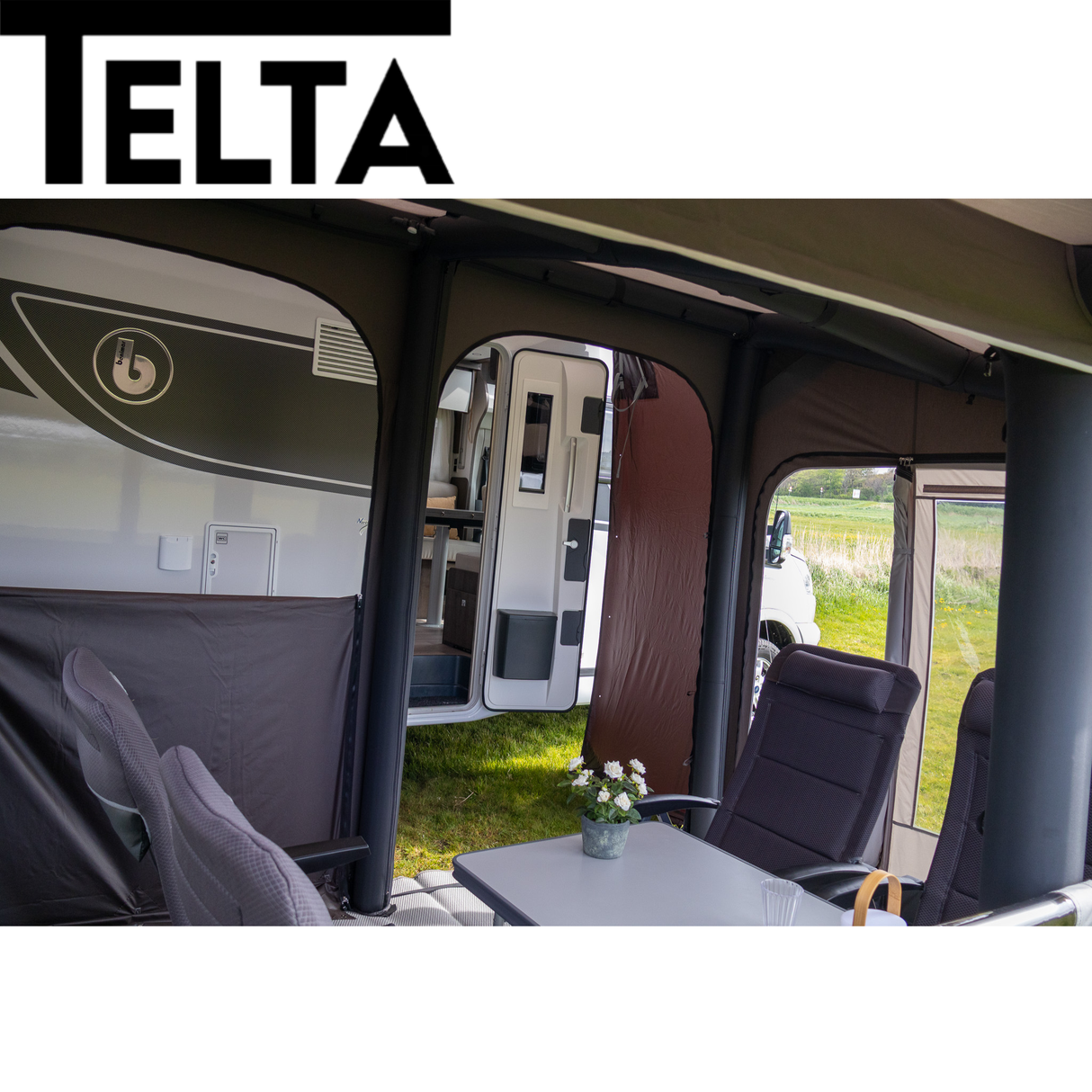Telta Core 330 Air Awning set up, showcasing its spacious design and inflatable structure for outdoor camping use.