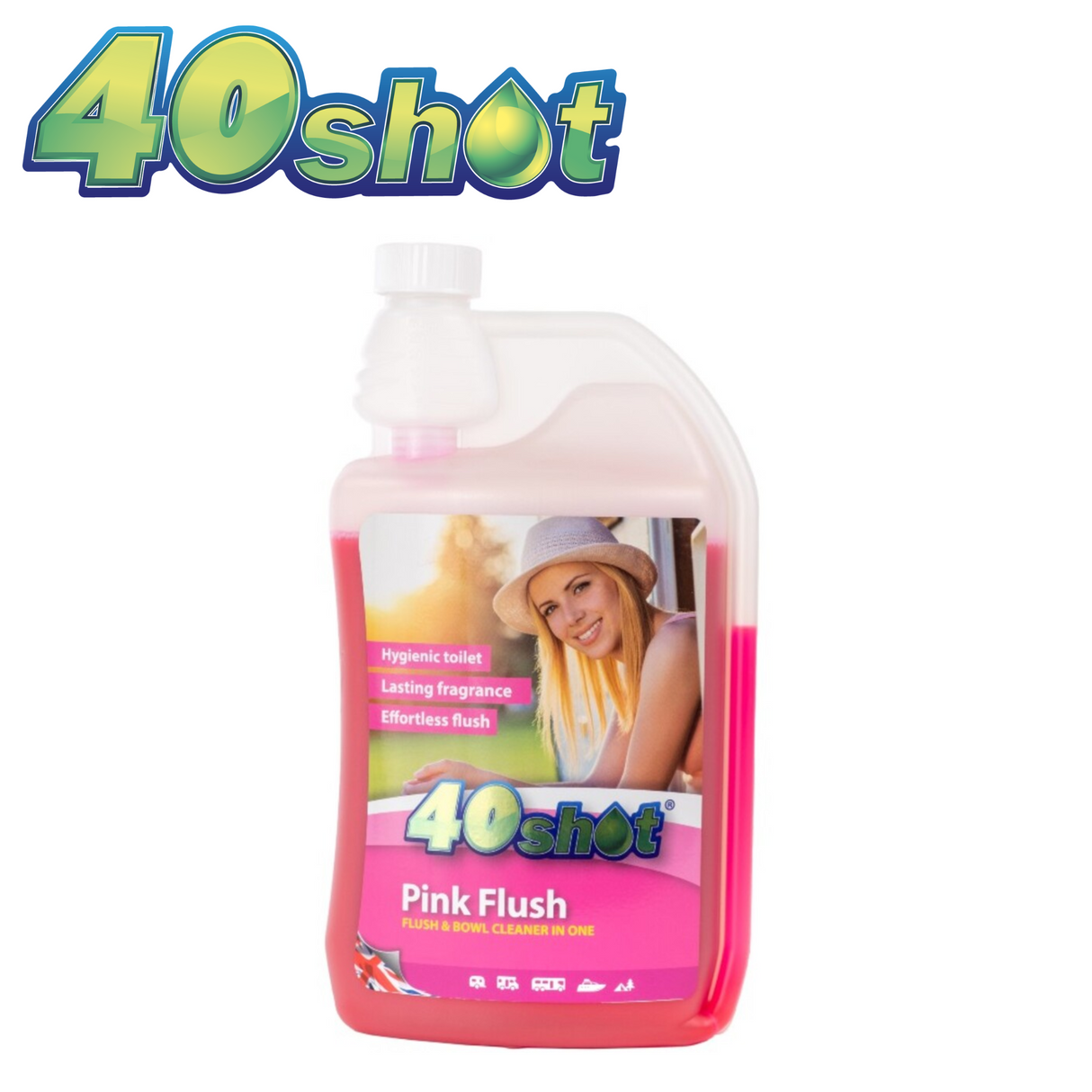 40 Shot Pink Flush Toilet Fluid in a clear bottle, showcasing vibrant pink liquid for effective toilet cleaning.