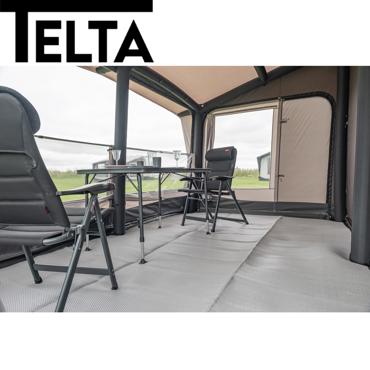 Telta Core 390 Air Awning set up with inflated beams and spacious interior for outdoor camping.