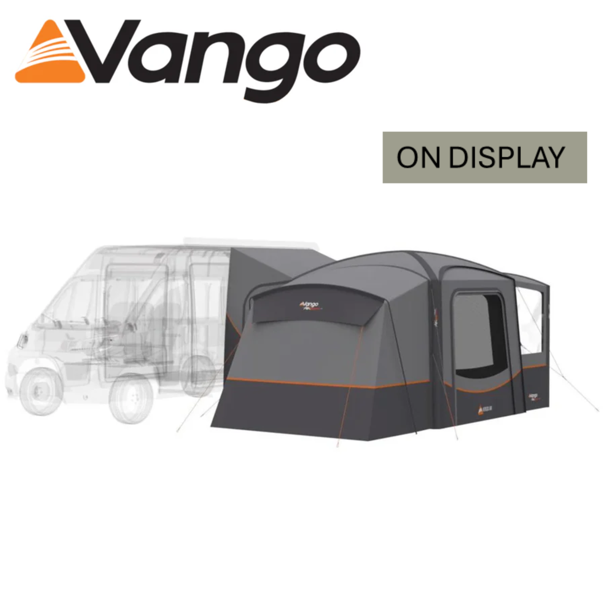 Vango Versos Air Mid Driveaway Awning set up beside a campervan, showcasing spacious design and airy fabric structure.