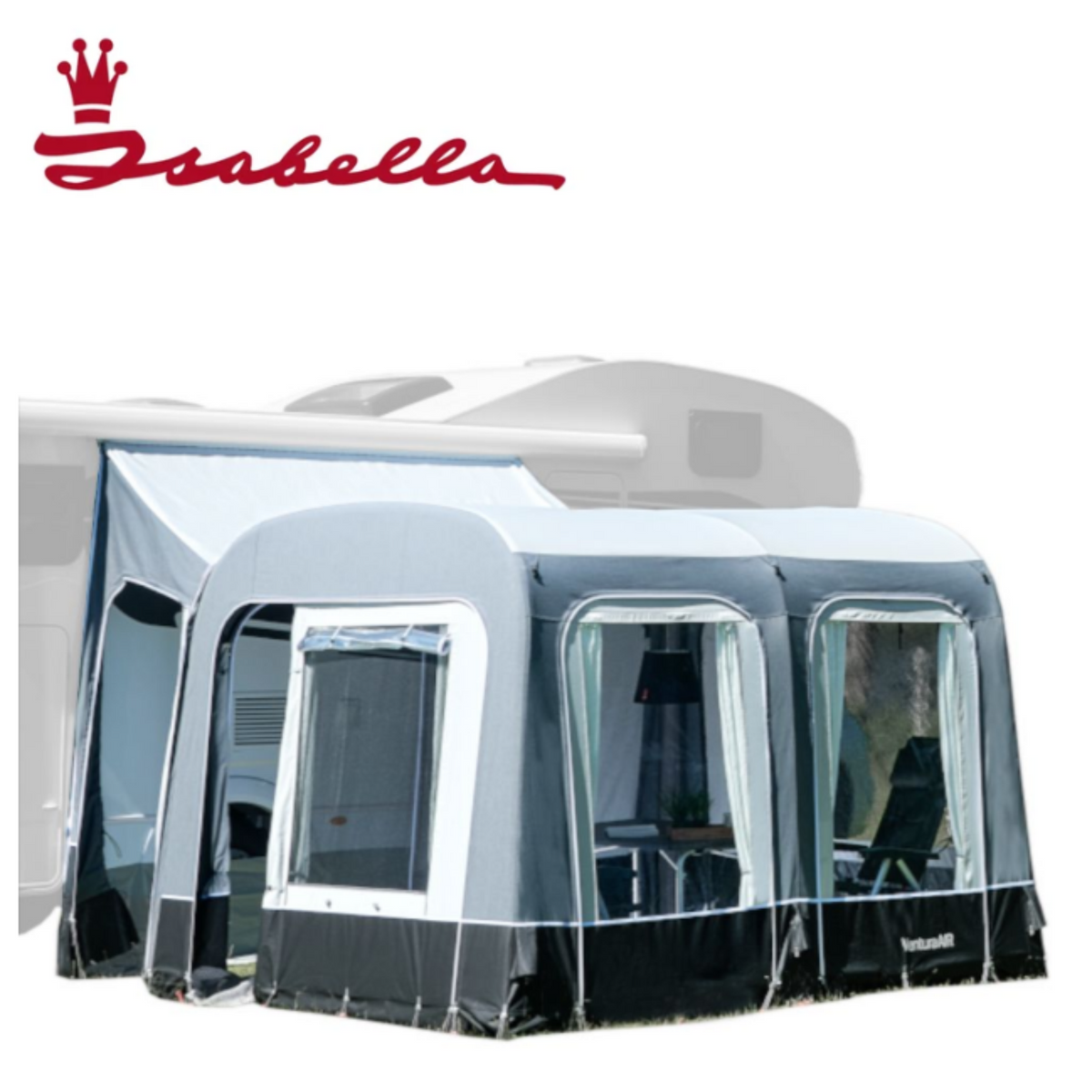 Isabella Ventura Air Vita small motorhome awning with tunnel extension, 180-280cm length, displayed on an indoor stand.
