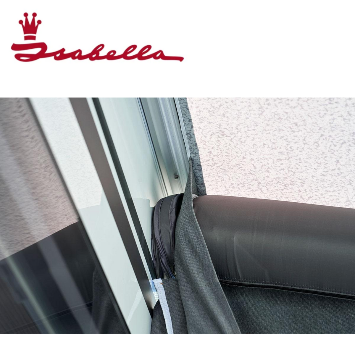 Isabella Ventura Air Vita small motorhome awning, extension tunnel in beige fabric, shown extended on a camper van.