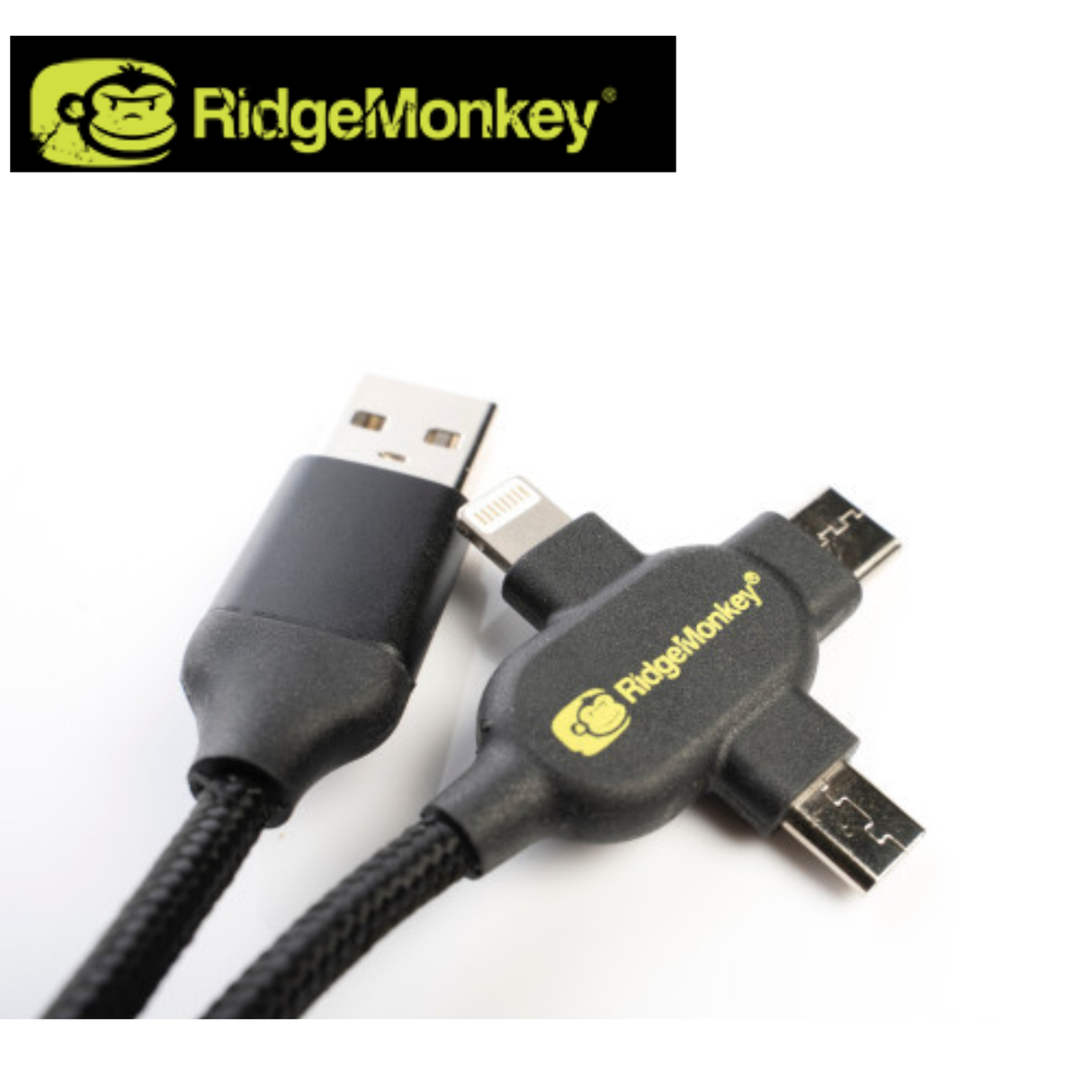 RidgeMonkey USB A to multi-out cable in 1m and 2m lengths, with multiple ports for versatile device connections.