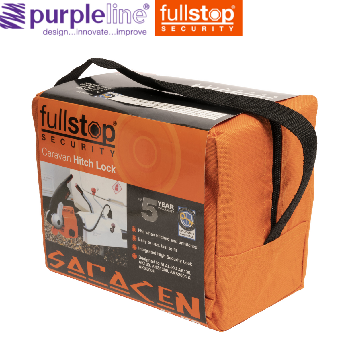 Purpleline Saracen Al-ko Hitch Lock for caravans, model AK130, AK160, AKS1300, AKS2004, AKS3004, displayed on a white background.