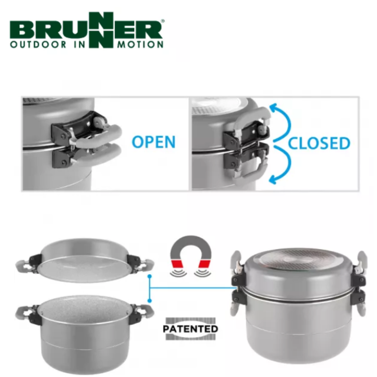 Brunner Fusion 7+1 Alu Cooking Set with 22cm saucepans, lids, and utensils arranged on a countertop.