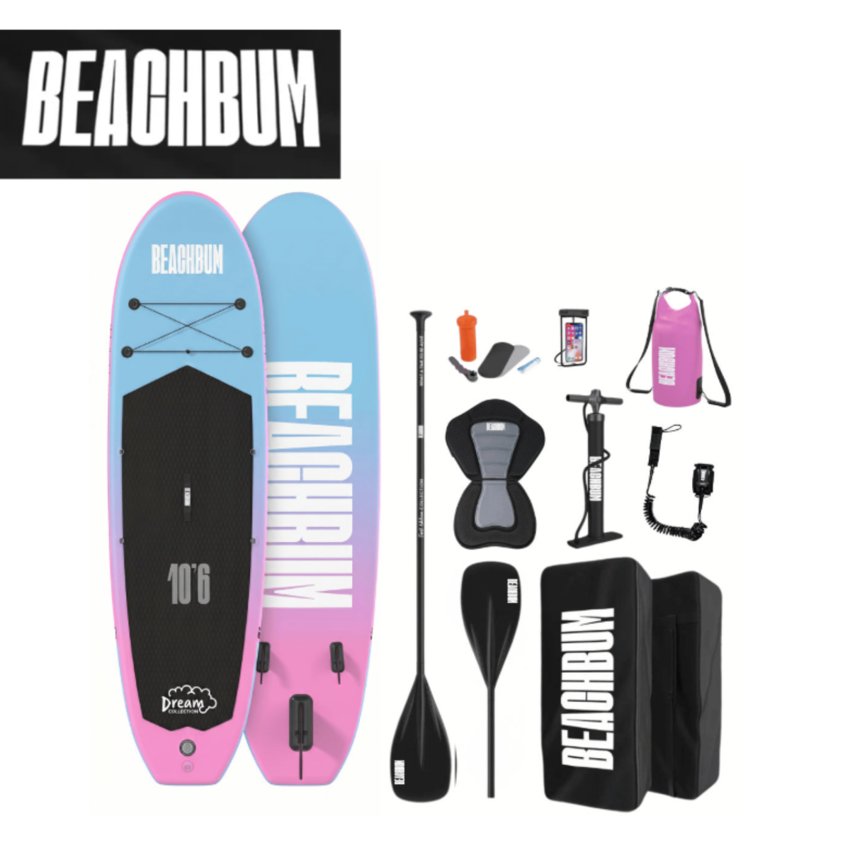 BeachBum paddle board bundle with a sleek paddle board and accessories, perfect for beach and water adventures.