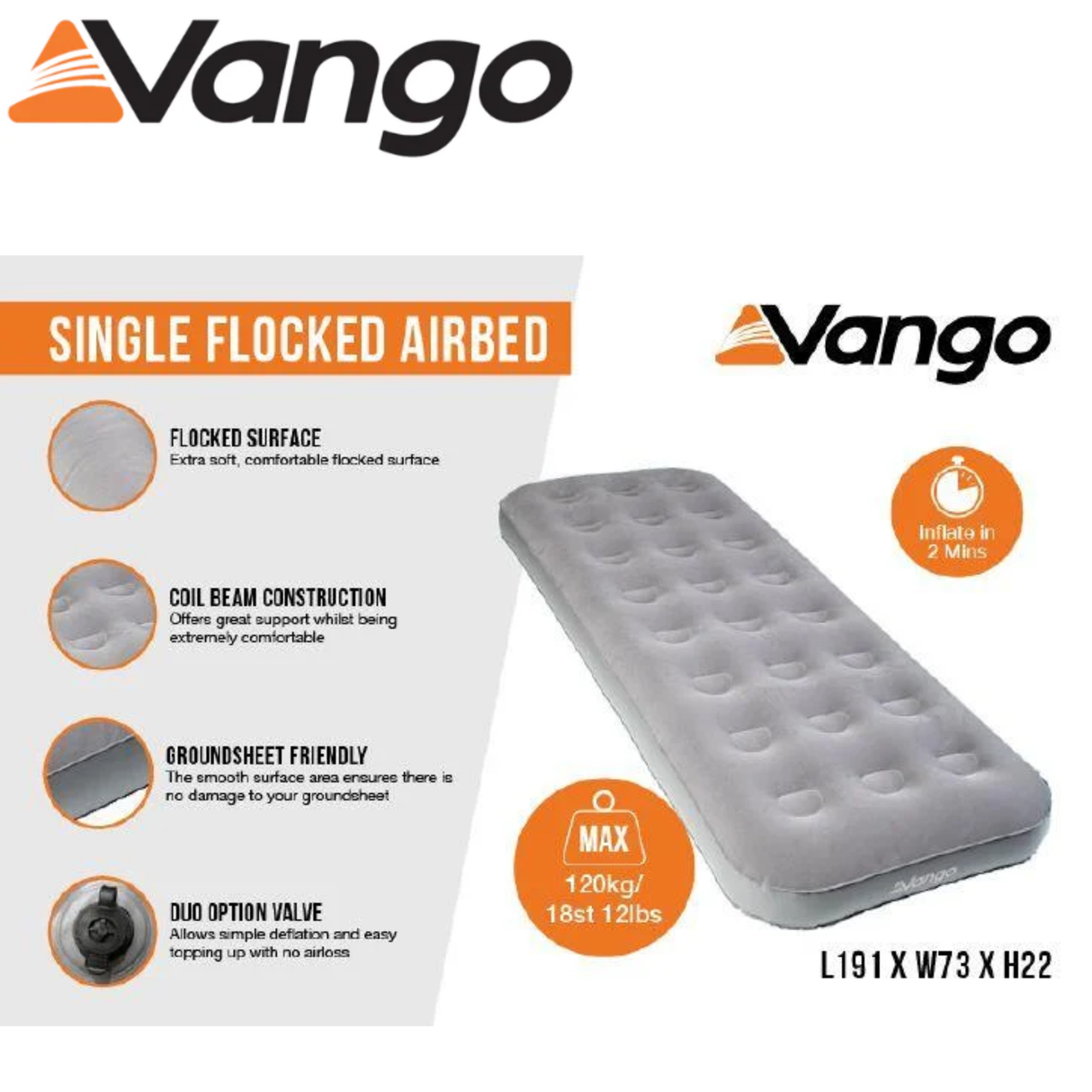 Vango single flocked airbed with soft surface, inflated and ready for use, featuring a durable design and comfortable sleeping surface.