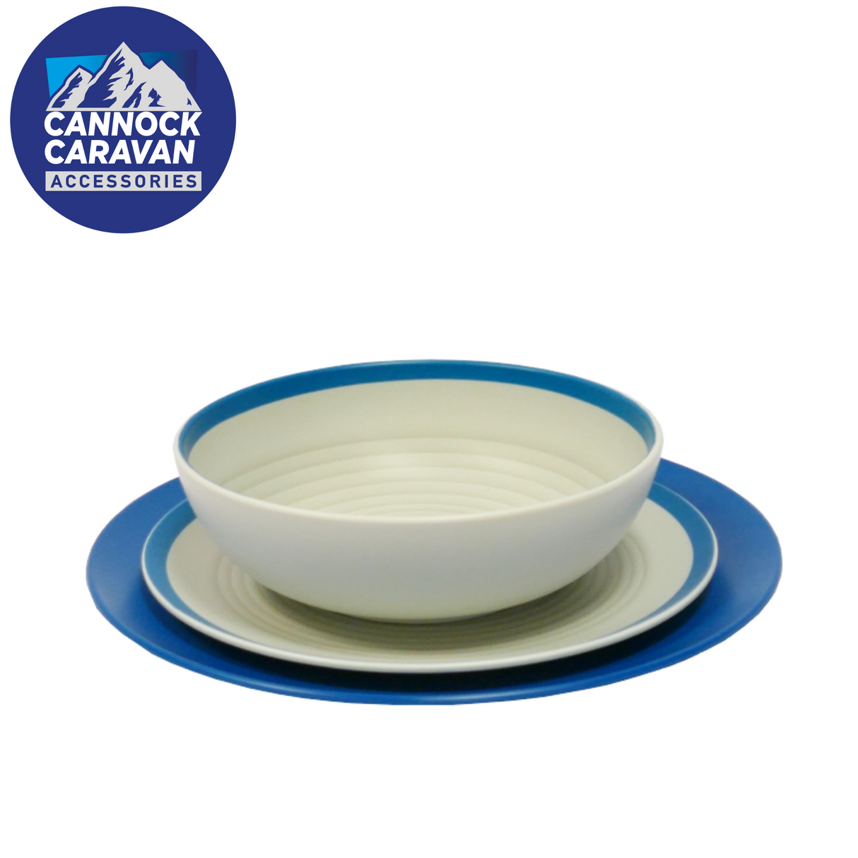 Nature Haven 16pcs dinner set in blue, featuring stylish melamine plates, bowls, and cups arranged on a table.
