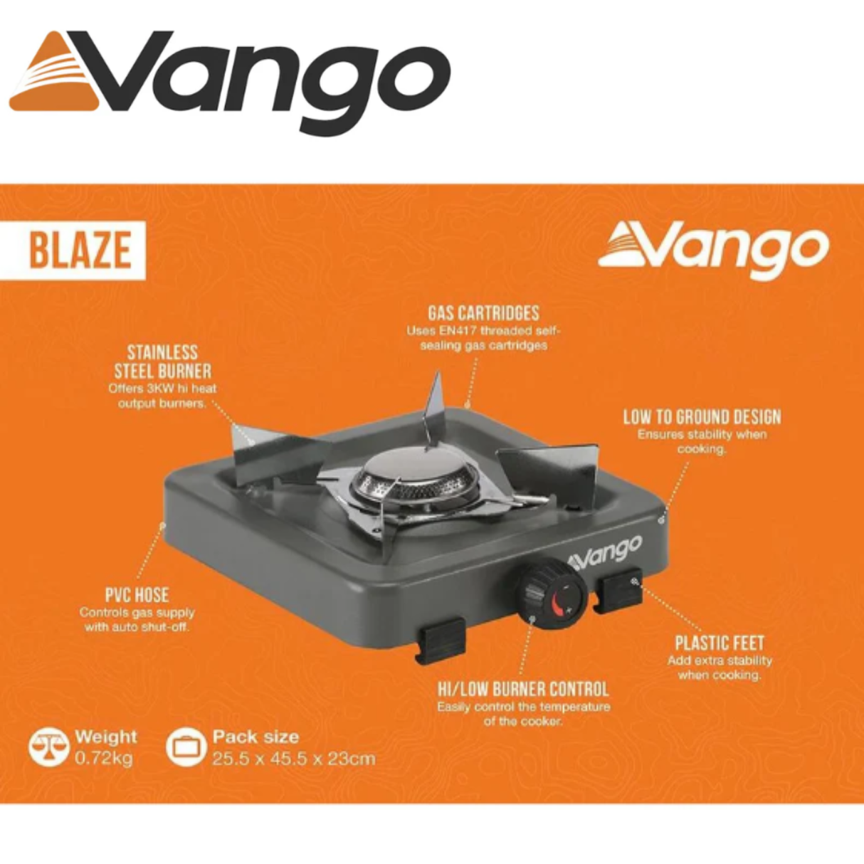 Vango Blaze Stove, compact camping stove with burner and control knob, ideal for outdoor cooking and camping adventures.