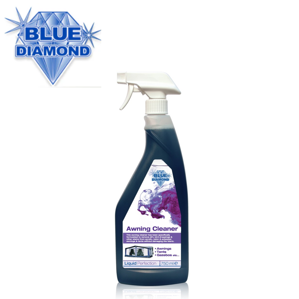 Blue Diamond Awning Cleaner bottle with blue label, showing a cleaning solution designed for cleaning and restoring awnings.