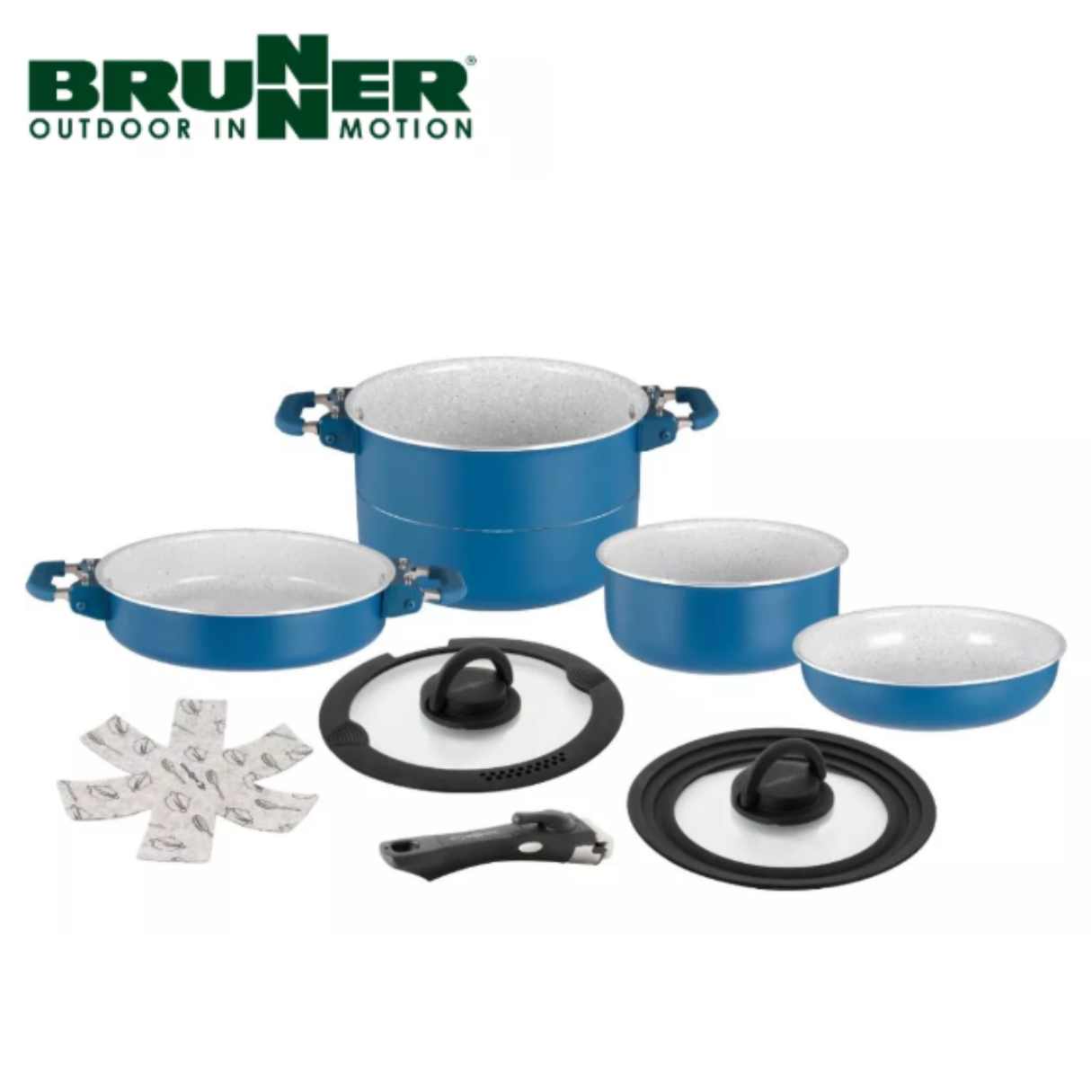 Brunner Carezza 7+1 Magnetic Aluminum Saucepan Set with 20cm pans, includes lids and handles, ideal for versatile cooking.