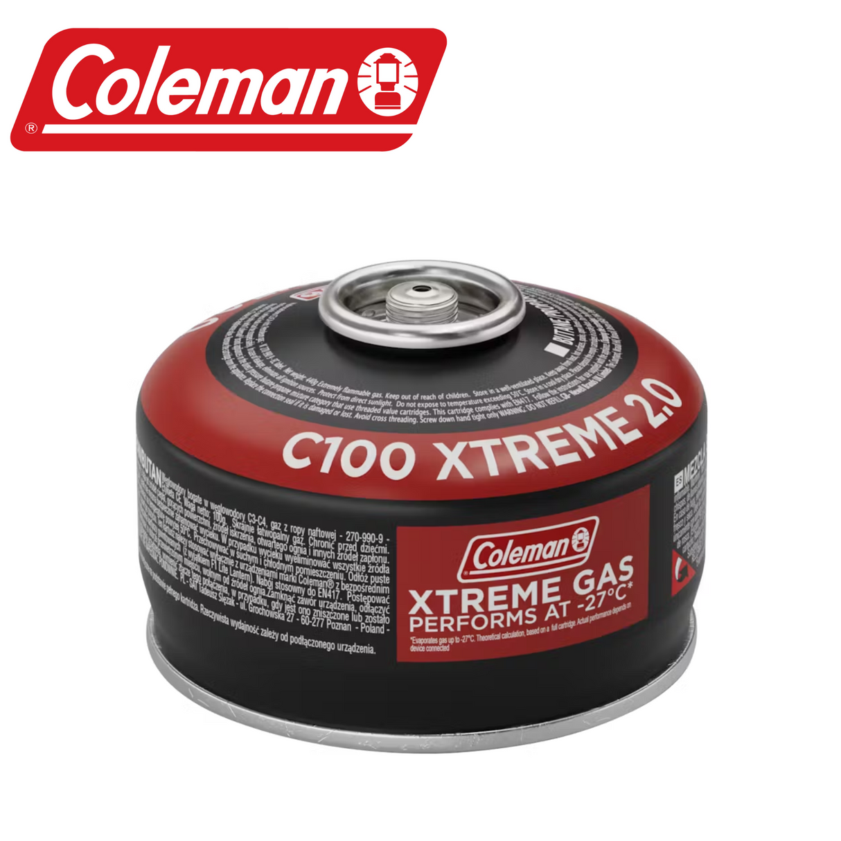 Coleman C100 Xtreme 2.0 Gas Cartridge in a compact canister, ideal for camping stoves and outdoor cooking.