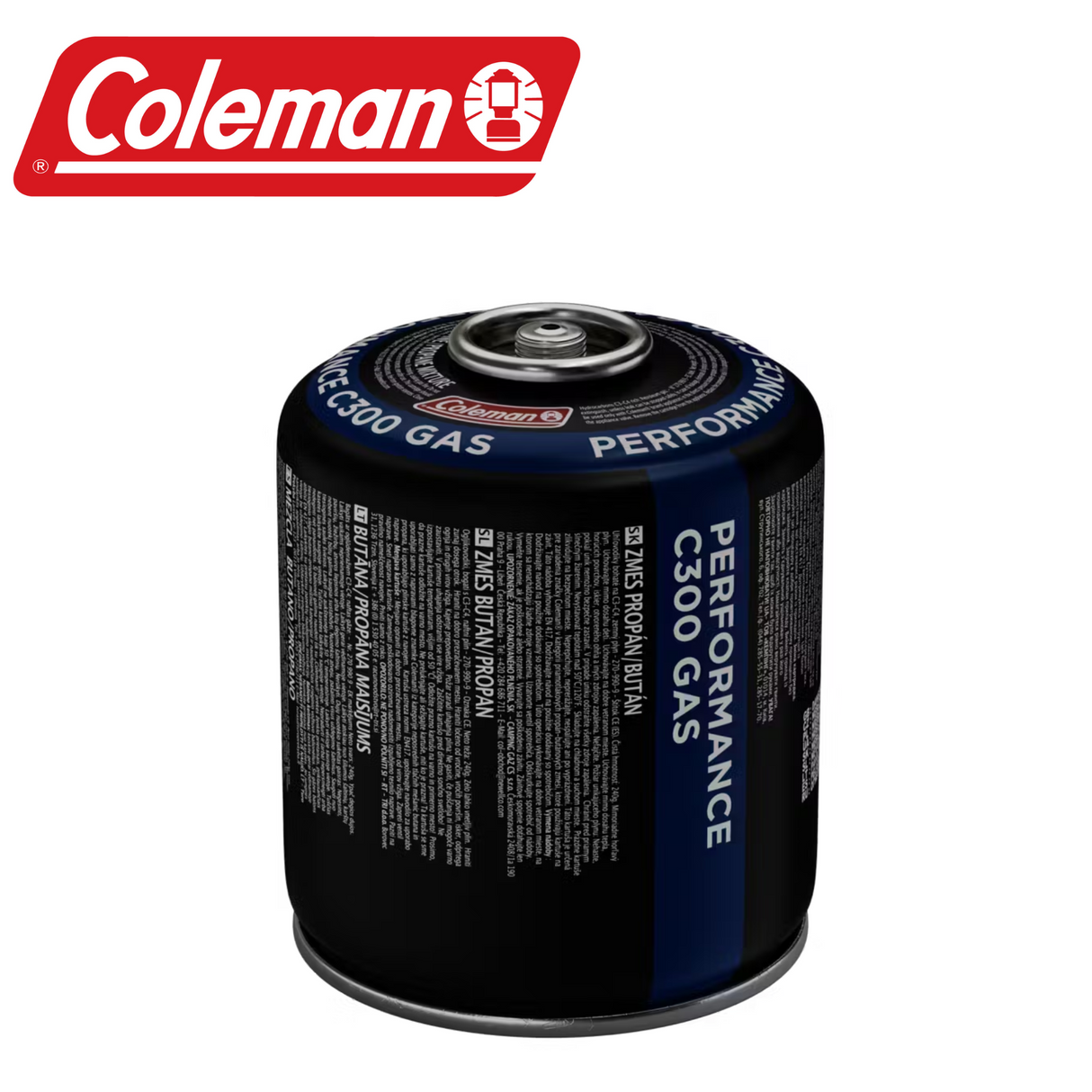 Coleman C300 Performance Gas Cartridge in a compact canister, designed for camping stoves and outdoor cooking.
