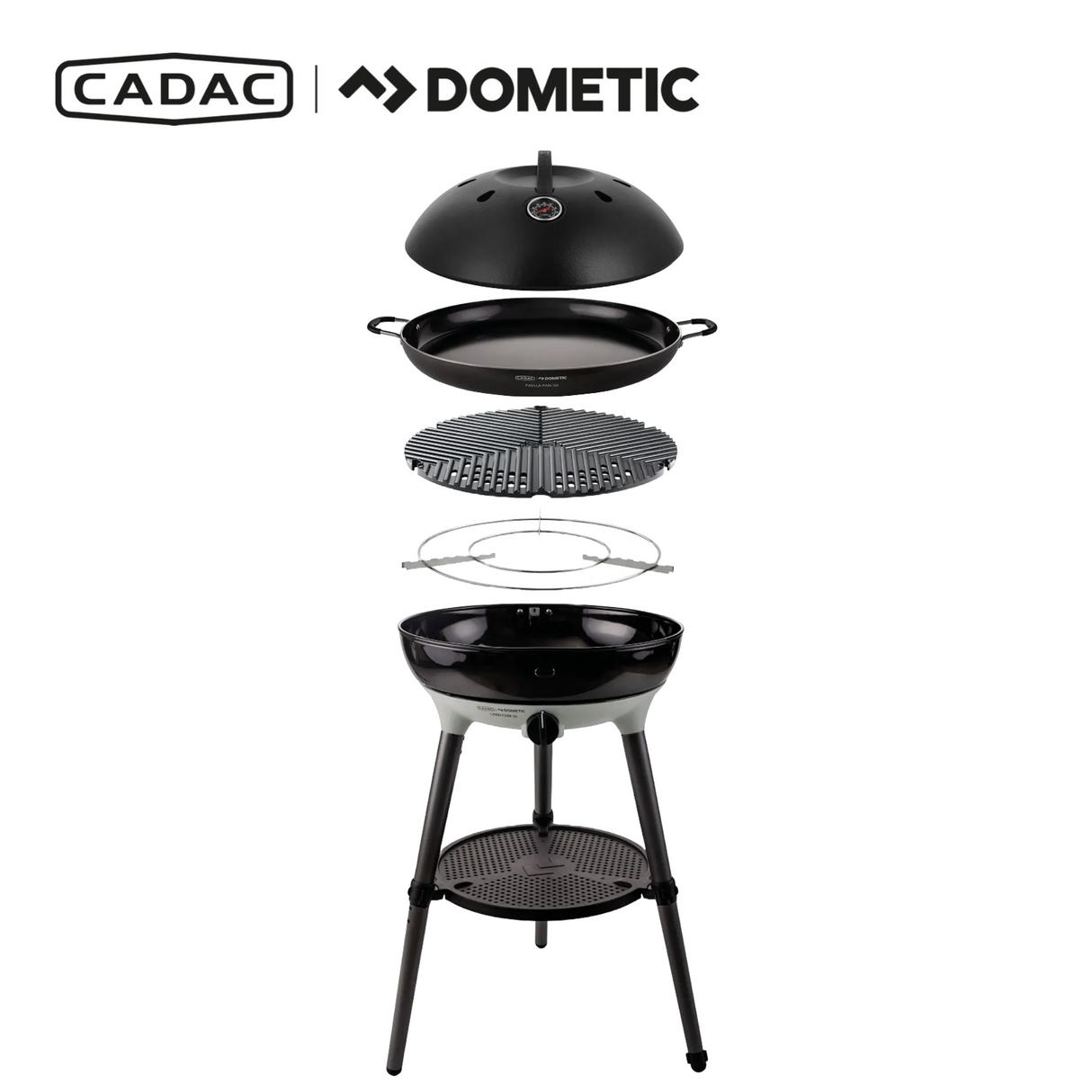 Cadac Dometic Carri Chef 50 BBQ with paella pan and QR, showcasing a versatile outdoor cooking setup.