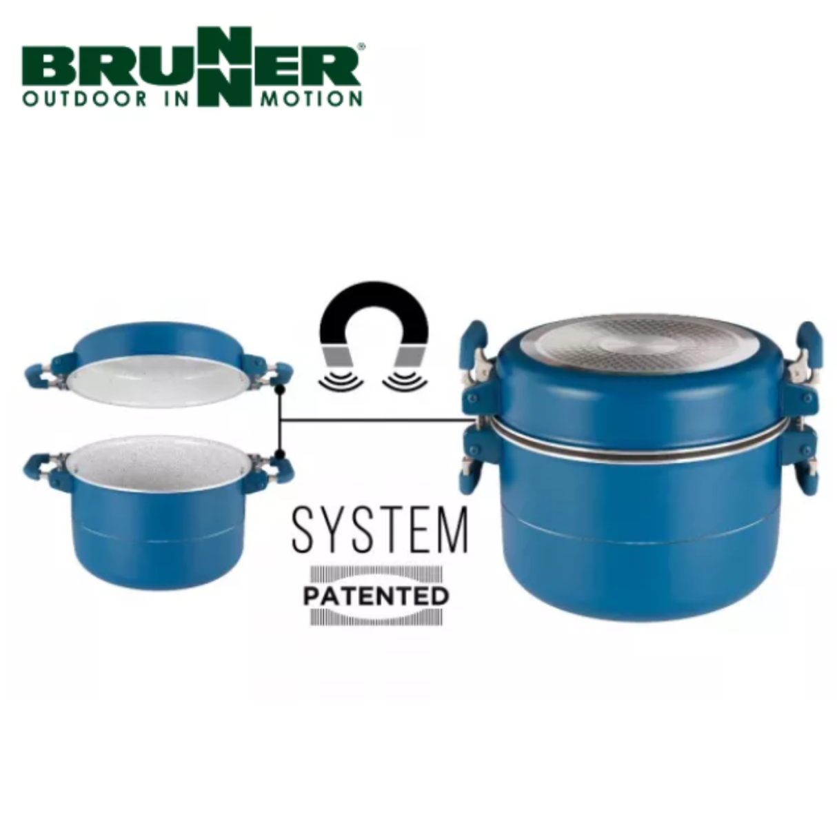 Brunner Carezza 7+1 magnetic aluminum saucepan set with 20cm saucepans and lids, showcasing shiny metallic finish and ergonomic handles.