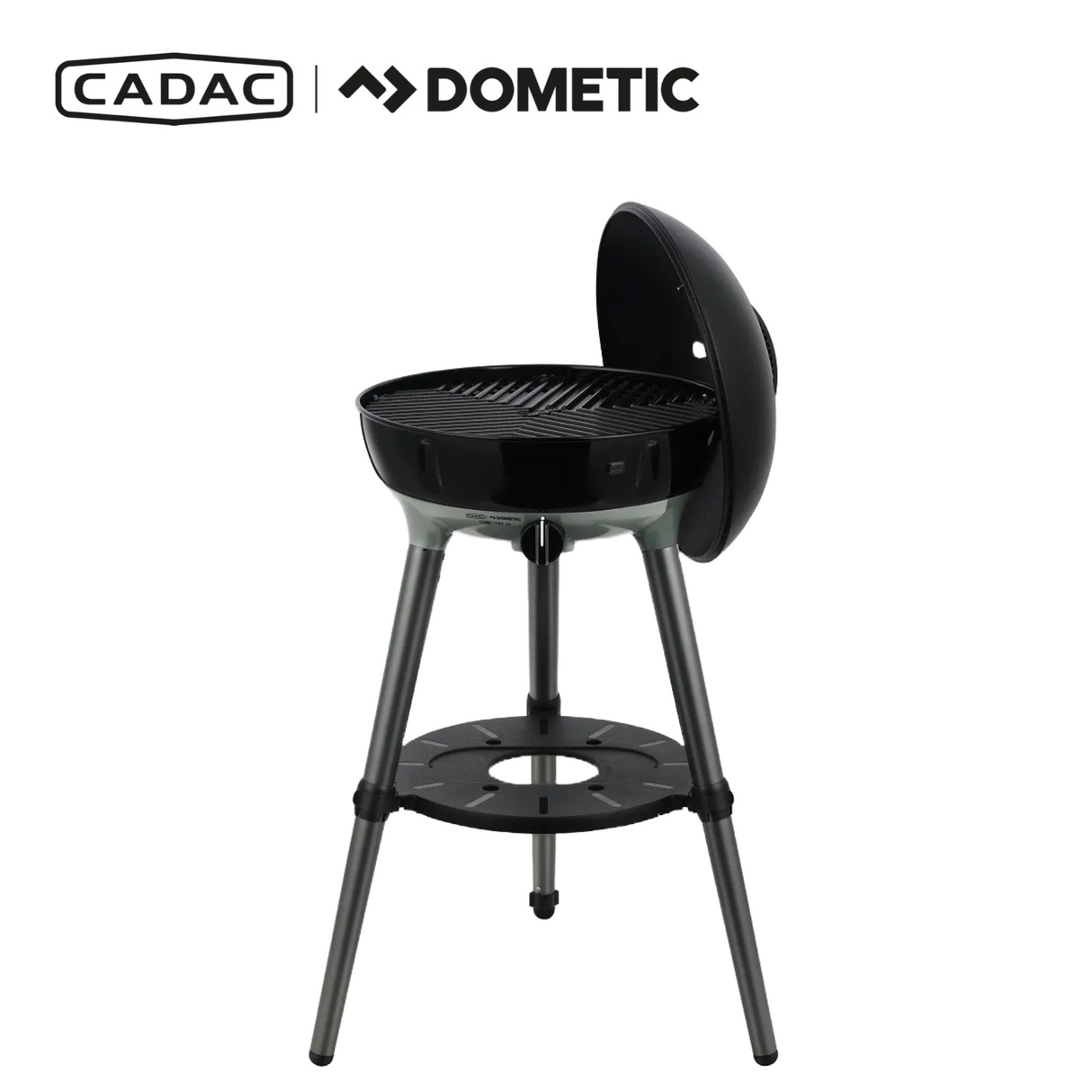 Cadac Dometic Carri Chef 40 gas BBQ with dome lid and cooking surface, showcasing its portable design and features.