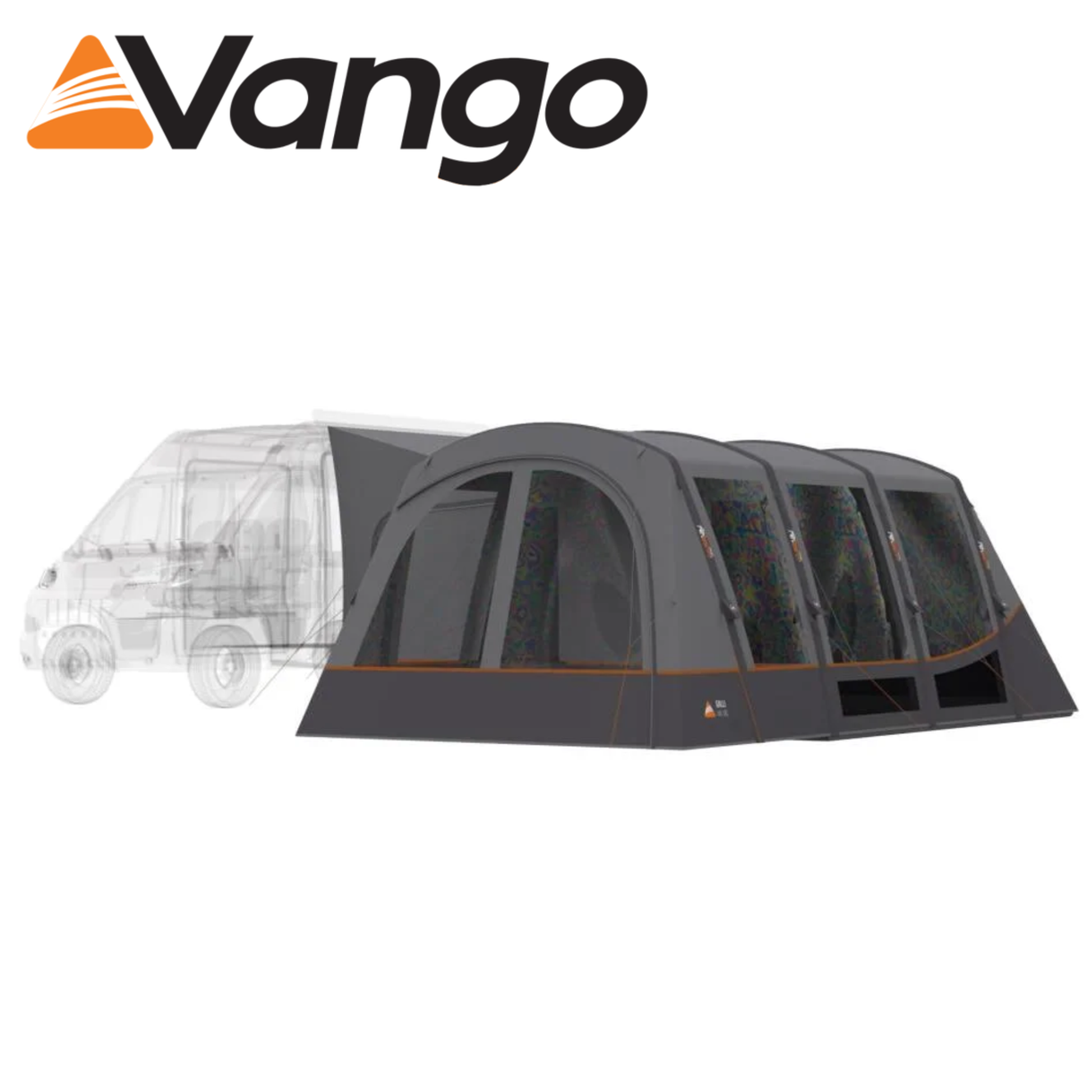 Vango Galli CC Mid Driveaway Awning set up beside a campervan, showcasing its spacious design and durable fabric.