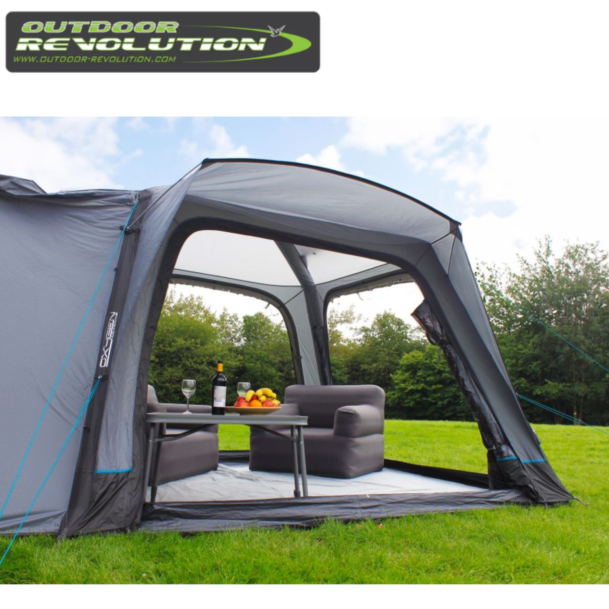 Outdoor Revolution Cayman Air High Driveaway awning set up with its spacious fabric interior and high driveaway design.