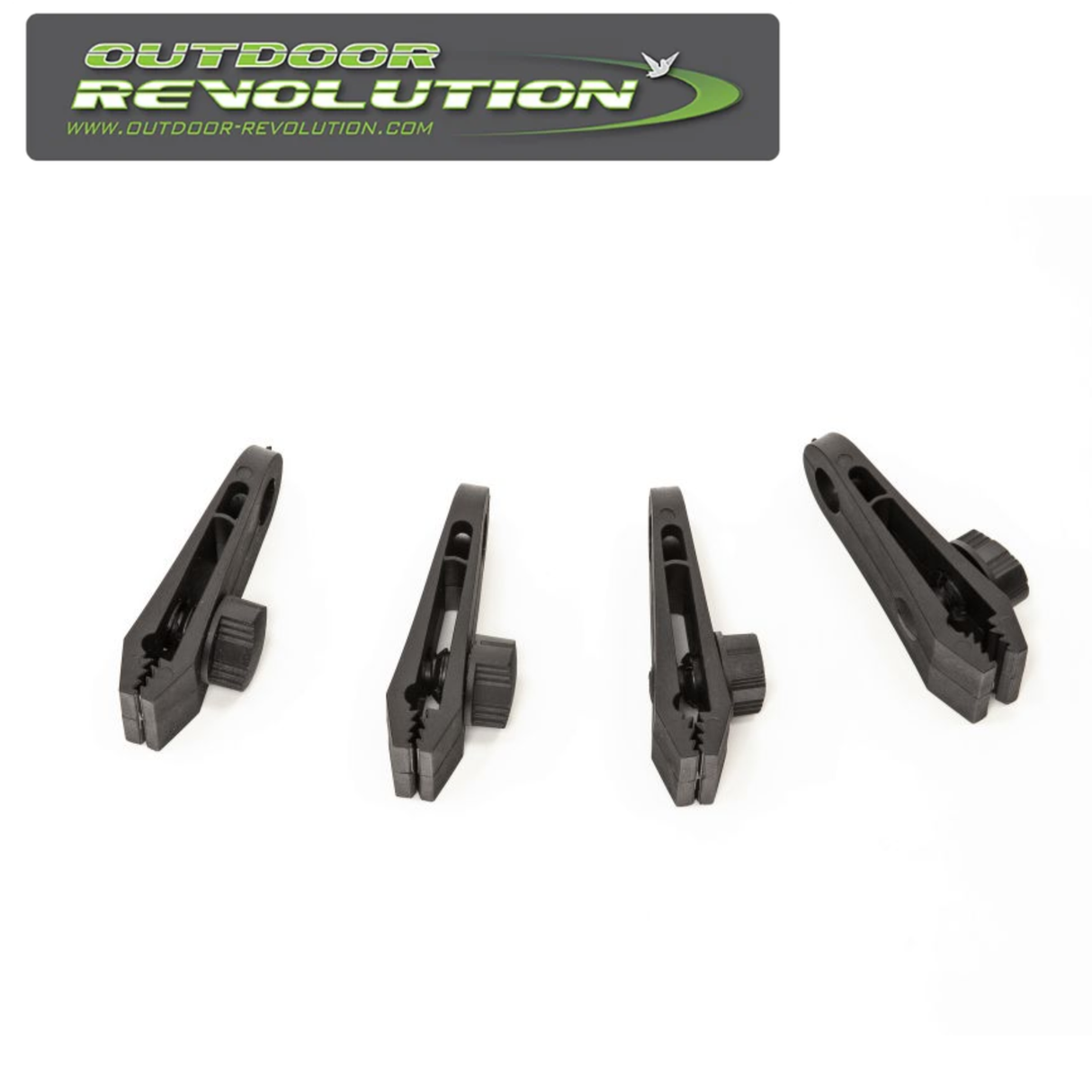 Set of 4 Outdoor Revolution Deluxe Tent Carpet Clamps for securing tent carpets in place during outdoor use.