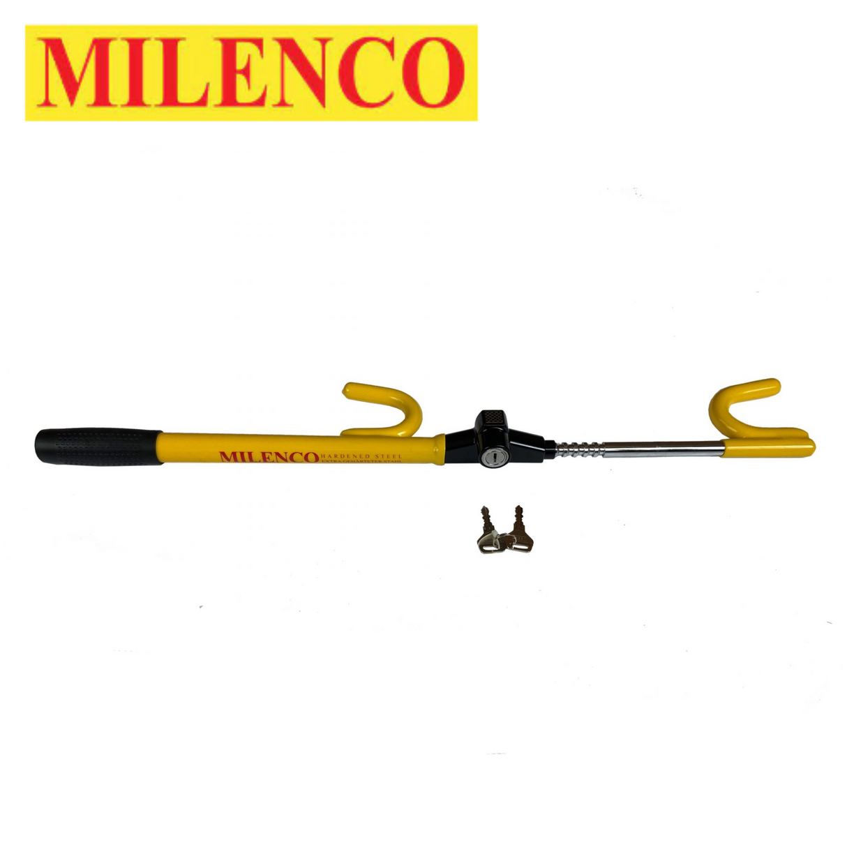 Milenco Classic Steering Wheel Lock in a secure position, showcasing its robust design and bright yellow color.