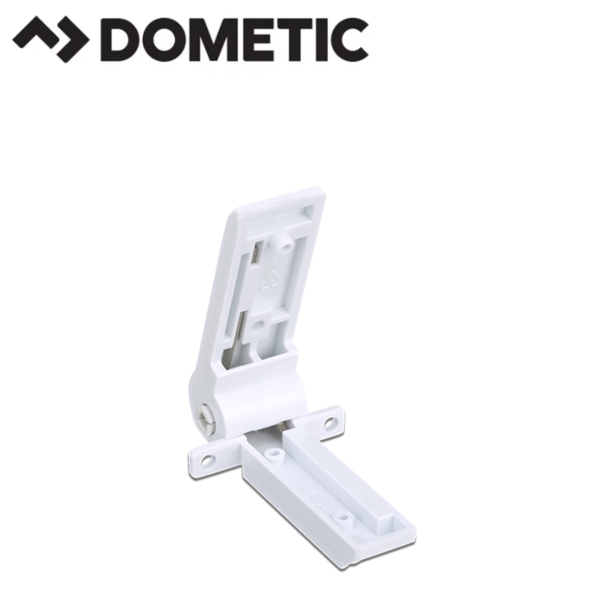 Dometic freezer door hinge in silver, showing the hinge mechanism and mounting components for appliance repair.