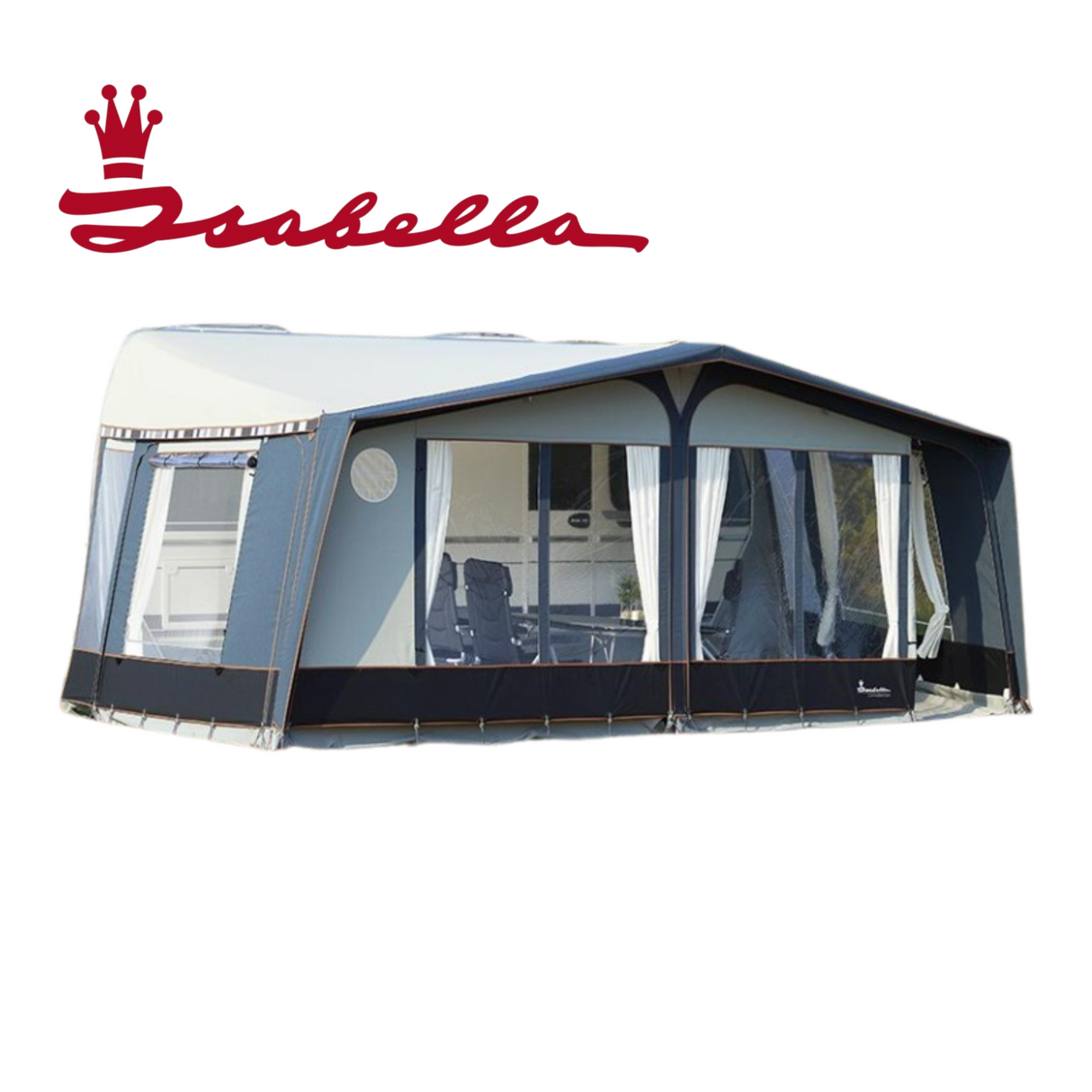 Isabella Commodore Coast All Season Awning with mega frame set up in a spacious outdoor setting, showcasing its design and durability.