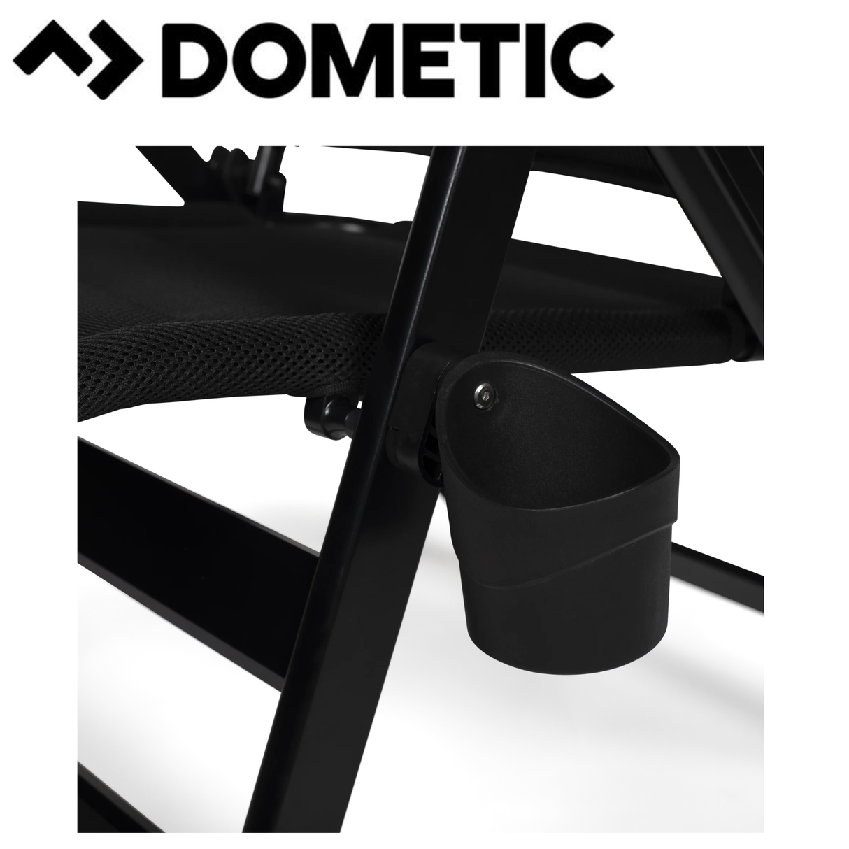 Dometic Cortina reclining chair in shale fabric with padded armrests and adjustable backrest for comfortable outdoor seating.