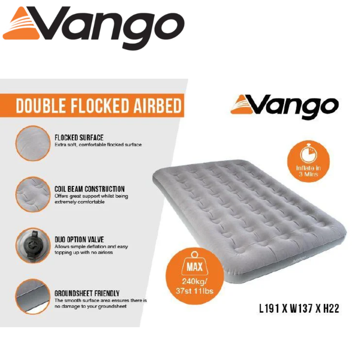 Vango double flocked airbed with soft surface, inflated and ready for use, showcasing a comfortable double air mattress for camping or guests.