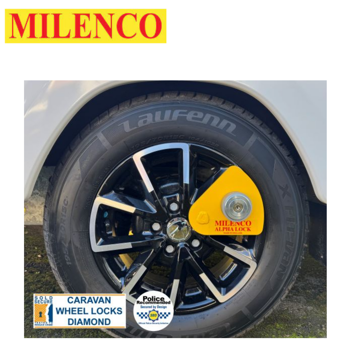 Milenco Alpha Gold Wheel Lock with a robust design, featuring a diamond pattern for enhanced security.