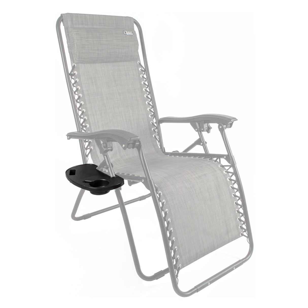 Quest Leisure clip-on drinks tray attached to a chair, featuring a flat surface for beverages and small items.