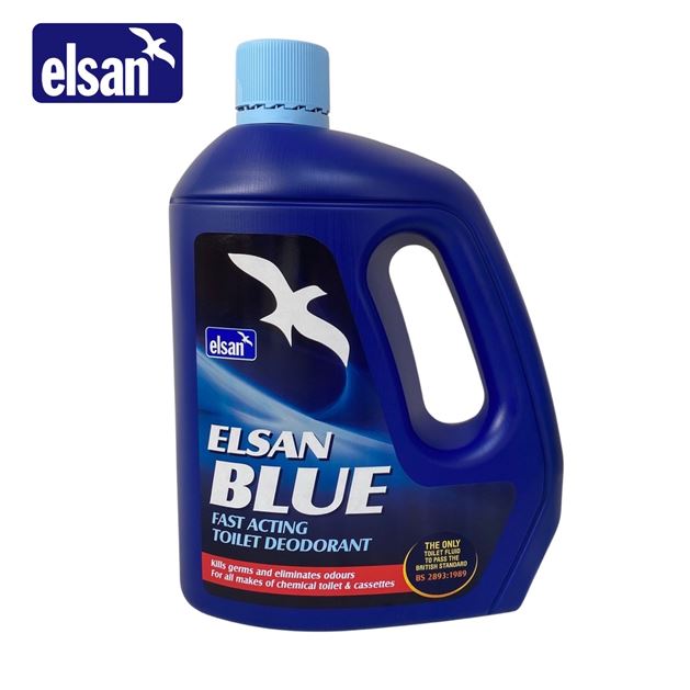 Elsan Blue 4L toilet fluid bottle with a blue label, designed for effective toilet sanitation and odor control.
