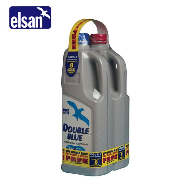Elsan 2L Twin Pack of Double Blue and Double Pink Toilet Fluid for caravans, showcasing both fluid bottles.