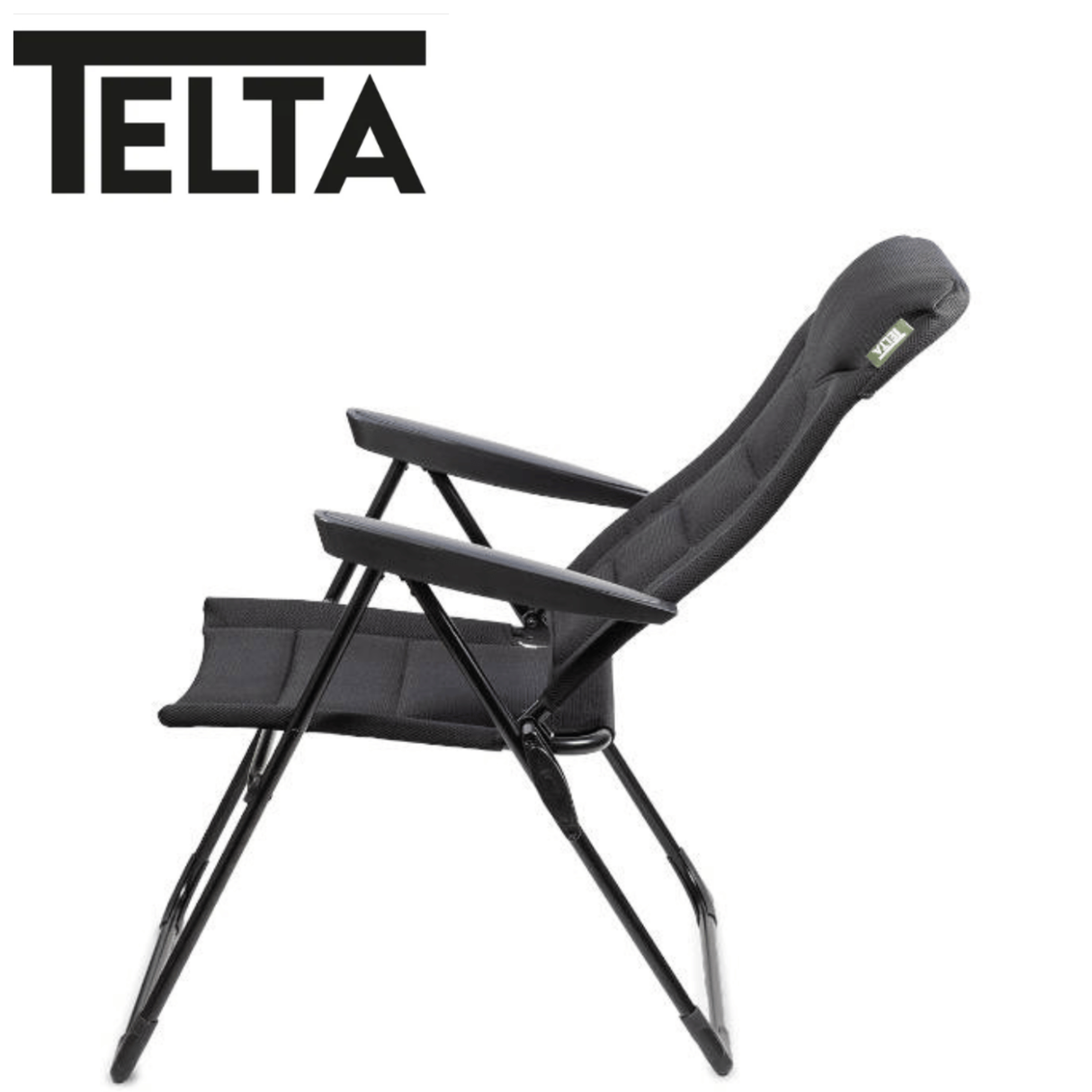 Telta Falster reclining chair with padded armrests and plush fabric upholstery, shown in a relaxed, semi-reclined position.