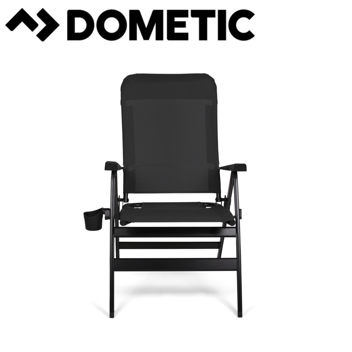 Black Dometic Florence reclining chair with plush cushion and armrests, designed for comfortable outdoor relaxation.